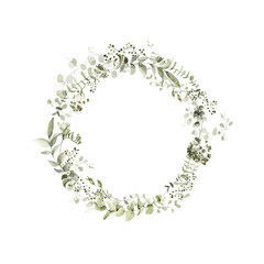 Watercolor floral wreath. Hand painted frameof greenery, wildflowers, herbs. Green leaves, branches, foliage, eucalyptus leaf isolated on white background. Botanical illustration for design, print