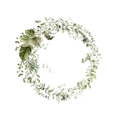 Watercolor floral wreath. Hand painted frameof greenery, wildflowers, herbs. Green leaves, branches, foliage, eucalyptus leaf isolated on white background. Botanical illustration for design, print