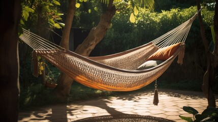 A tranquil garden setting featuring a cozy hammock strung between trees