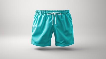 Light blue swimwear shorts with a minimal white background, 3D mockup, showcasing swimwear designs or promoting beachwear fashion