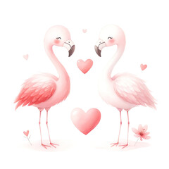 Affectionate Flamingos with Hearts Watercolor Illustration