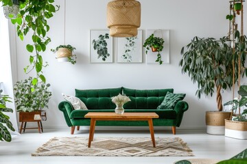 Spacious Living: A Real Photo of a Green Sofa and Wooden Table in a White Interior with Plants, Lamps, and Retro Furniture