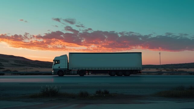side view of a truck on a road, logistics advertising campaigns, brochures, or publications