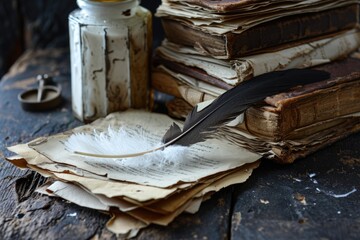 Antique Feather Pen and Inkwell with Blank Papers on Dark Background.