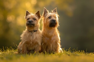 two Cairn Terrier dogs are sitting in grass, in the style of golden light