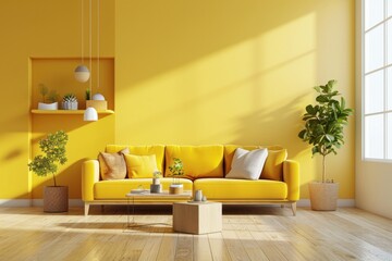 Sunny Minimalist Living Room Interior with Yellow Sofa and Stylish DÃ©cor on White Wall | Modern Home Design Concept