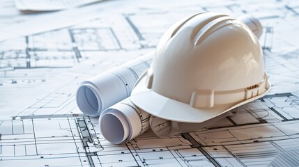 a white construction helmet tilts over a rolled-up blueprint, resting atop a flat blueprint