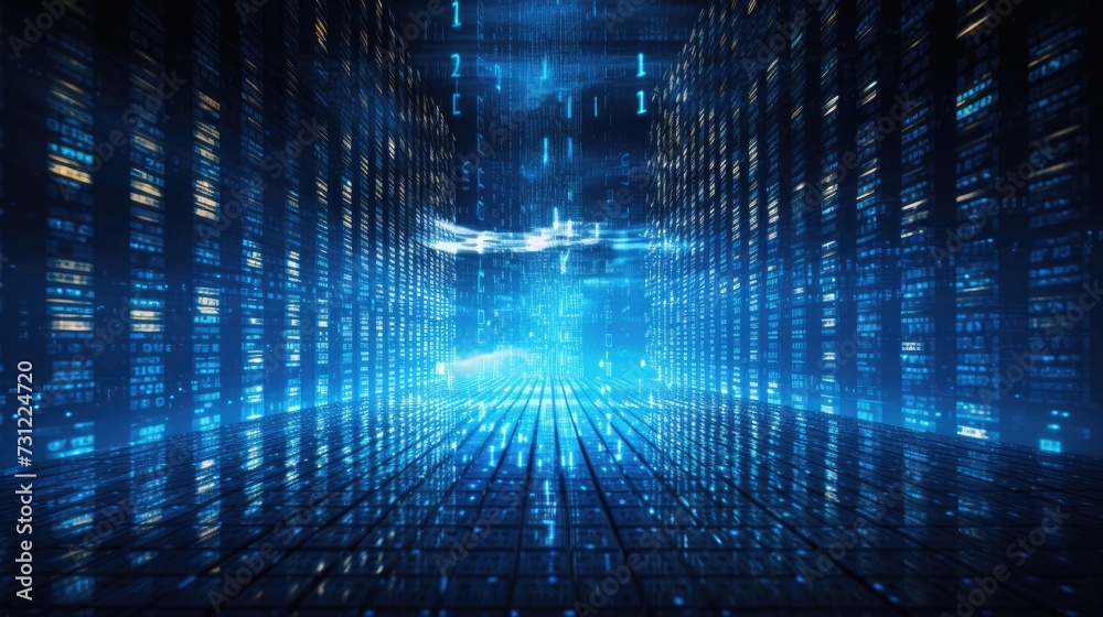 Aufkleber Technology futuristic background. Scientific technology data of binary code transmission and network of connectivity concept with digital glowing binary code matrix 