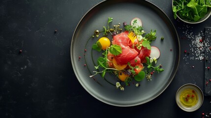 Exquisite plating of seared steak with colorful roasted tomatoes and herb garnishes on a ceramic plate.