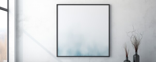 empty white frame on a wall, natural bright light, elements of rust and a hint of blue on the wall in the background. Free space for your text.