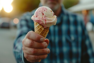 Close up of a man holding a cone ice cream