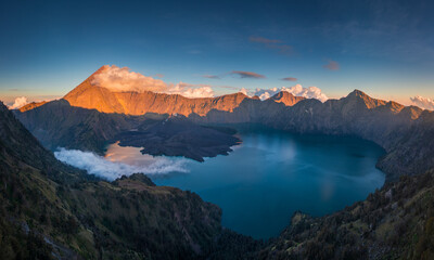 Panorama view of mount rinjani during sunset, second highest volcano in indonesia