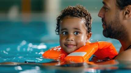 Young child with life jacket and adult instructor learning how to swim in fitness pool - obrazy, fototapety, plakaty