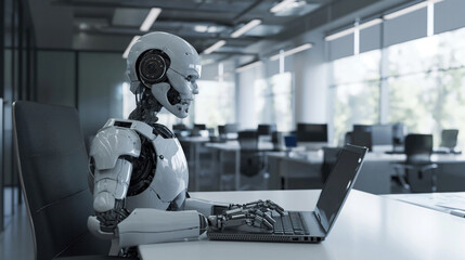 A robot working at a laptop in a beautiful glass office, artificial intelligence working at a computer