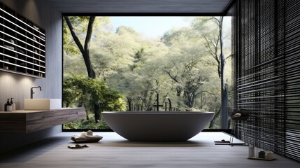 contemporary bathroom with bathtub and window.