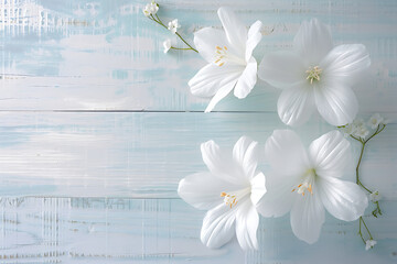 three white flowers on white wooden table stock photo