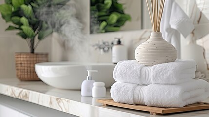 Obraz na płótnie Canvas Spa Indulgence - White towels and an aroma diffuser on a white marble table, creating a serene bathroom ambiance