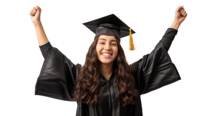 Graduate Day. Happy and cheerful young woman wearing a graduation cap raised her hands up while standing on transparent background