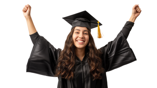 Graduate Day. Happy and cheerful young woman wearing a graduation cap raised her hands up while standing on transparent background