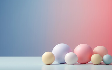 small and large balls of delicate shades on a pink-blue background. a place for text or advertising.