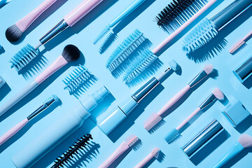 various cosmetic mascara brushes on a blue surface in - obrazy, fototapety, plakaty