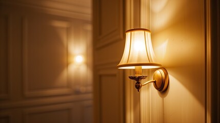 Warm Elegance - Illuminated golden wall lamp casting a cozy glow in an empty room, close-up