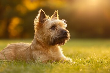 Cute Cairn Terrier dog laying in the grass