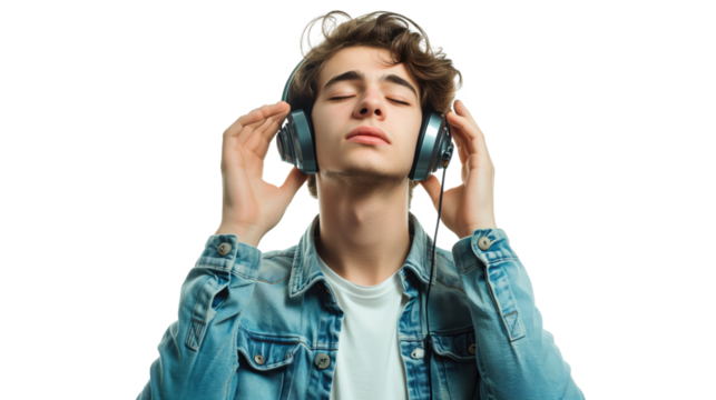 Happy emotional man wearing headphones listening music, singing song and dancing isolated on white background. Technology, positive emotions concept 	