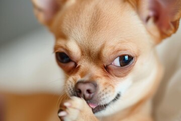 Small chihuahua dog looking at camera and licking his paw.