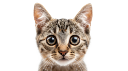 Portrait of a surprised cat, closeup, isolated on transparent background