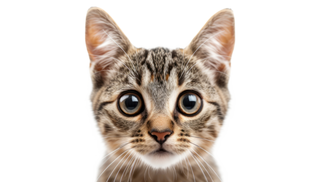 Portrait of a surprised cat, closeup, isolated on transparent background