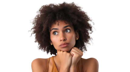 Pretty portrait of young beautiful woman thinking looking left isolated on transparent background