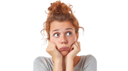 Pretty portrait of young beautiful woman thinking looking left isolated on transparent background