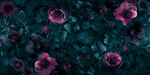 velvet black flowers seamless wallpaper in - obrazy, fototapety, plakaty