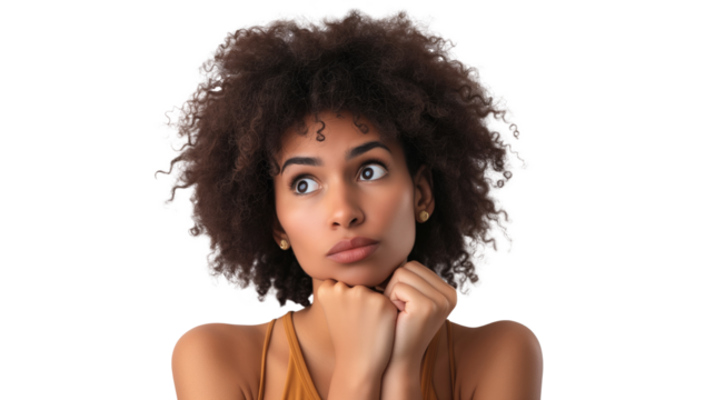 Pretty portrait of young beautiful woman thinking looking left isolated on transparent background