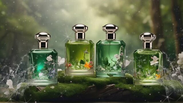 unbranded perfume bottles for advertising display needs, perfume bottles on the podium in green nature