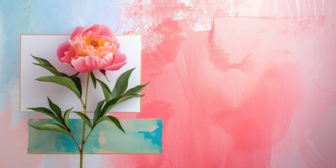Peony flower on abstract colorful background with paint strokes
