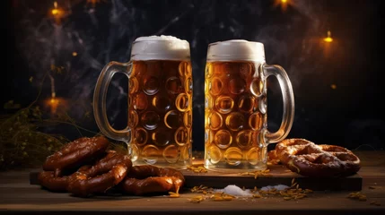 Fotobehang Beer mugs and pretzels, international beer day © tetxu