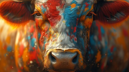 Fototapeta na wymiar Portrait of a cow close up, painted in different colors. Generative AI