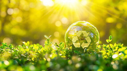 Earth globe and recycling sign in nature background