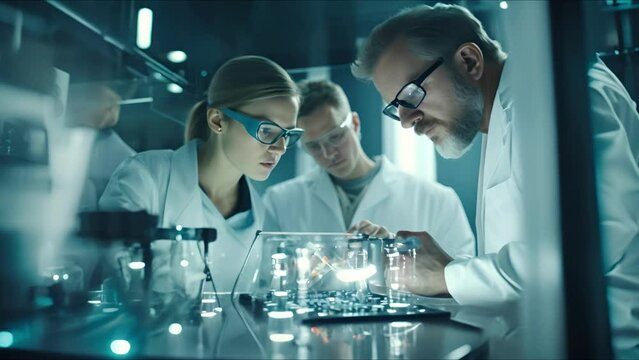 Data scientists work in a modern office of a technology company on the development of a quantum computer. Science, technology, big data concept.