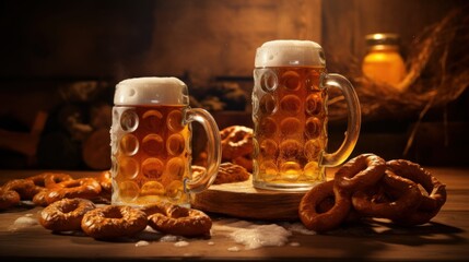 Beer mugs and pretzels, international beer day - obrazy, fototapety, plakaty