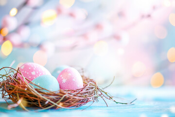 Easter background with eggs in nest, bokeh and copy space