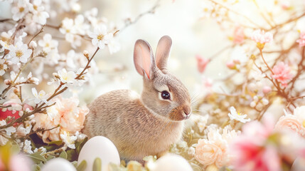 Easter bunny, eggs and flowers on blurred background with bokeh