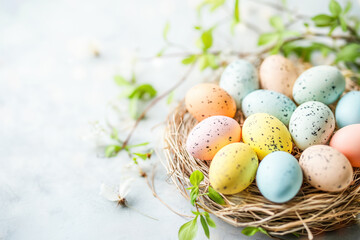 Easter background with colorful eggs in nest
