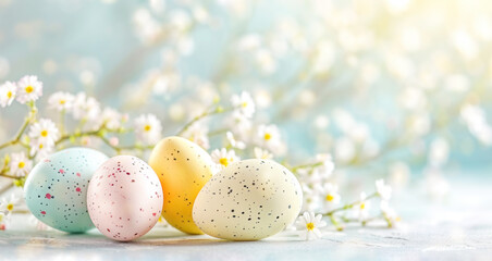 Easter background with eggs, flowers and copy space