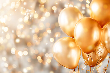 Golden balloons on blurred background with bokeh