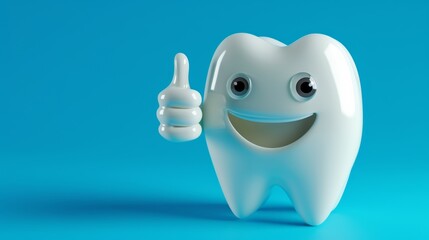 A 3D illustrated smiling tooth character giving a thumbs up on a bright blue background, suitable for dental health events and campaigns.