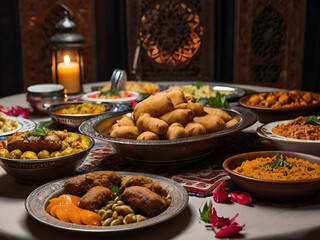 A traditional Iftar feast laid out on a beautifully decorated table, with an array of delicious dishes.