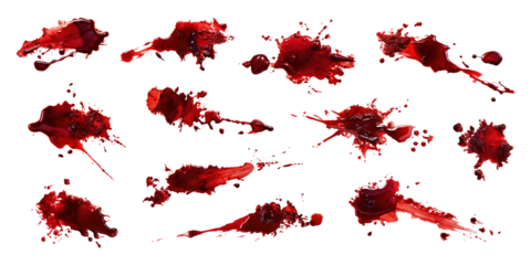 Set of blood stains and drops isolated on transparent background.